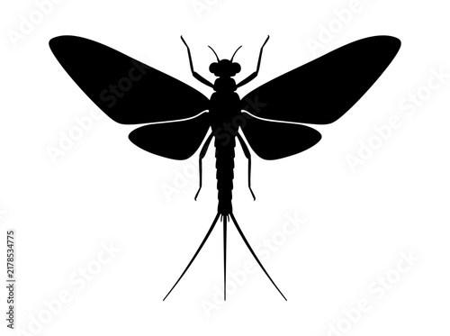A black silhouette of a mayfly - ideal for nature illustrations, ecological studies, logo design, and educational materials about insects