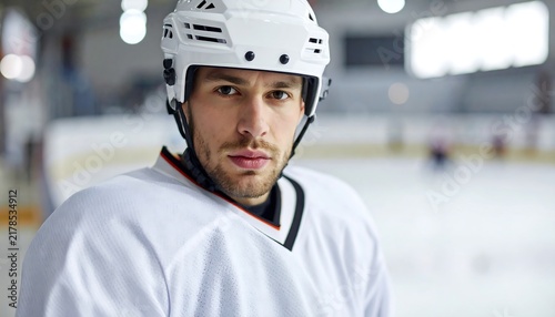 Close-up Portrait of a Determined Hockey Player in White Uniform.
