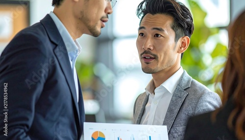 Two businessmen discussing a document in an office setting.