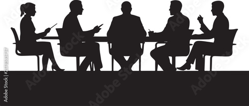 Executive team meeting silhouette with documents and devices