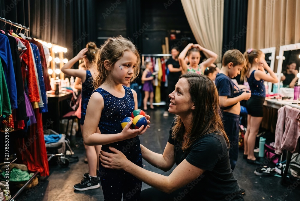 Fototapeta premium Young children engage in a learning activity at a camp in a theater. They practice skills with props while instructors provide guidance and support