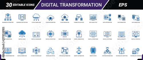 Digital transformation icons set featuring blue network symbols for business strategy upgrade.
