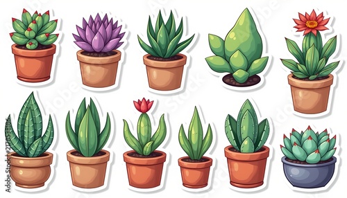 Succulent plants, sticker set. Flat style stickers. White background
