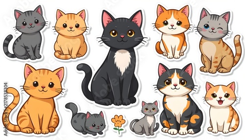 Cat toys, sticker set. Flat style stickers. White background
