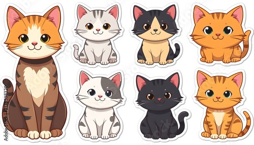 Cat toys, sticker set. Flat style stickers. White background