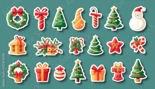 Christmas decorations, sticker set. Flat style stickers. White background
