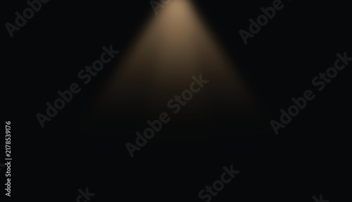 Realistic warm spotlight beam vector effect on dark black background for product showcase and stage illumination.