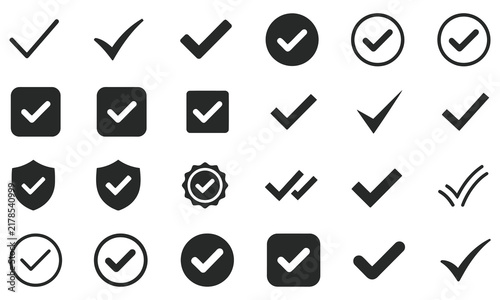 CheckMark vector icon. Set of simple check mark. Black check mark icon. Tick symbol. Accept okay symbol for improvement or checklist design. Correct vote choice symbol. Vector illustration