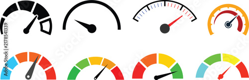 Foto Speedometer gauge icons set, performance meter indicators collection, dashboard measurement symbols, minimalist black vector illustration for speed and power monitoring