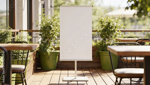 blank roll up banner mockup, outdoor cafe standee, restaurant promotional sign, street advertisement banner, wooden deck cafe, outdoor menu board mockup