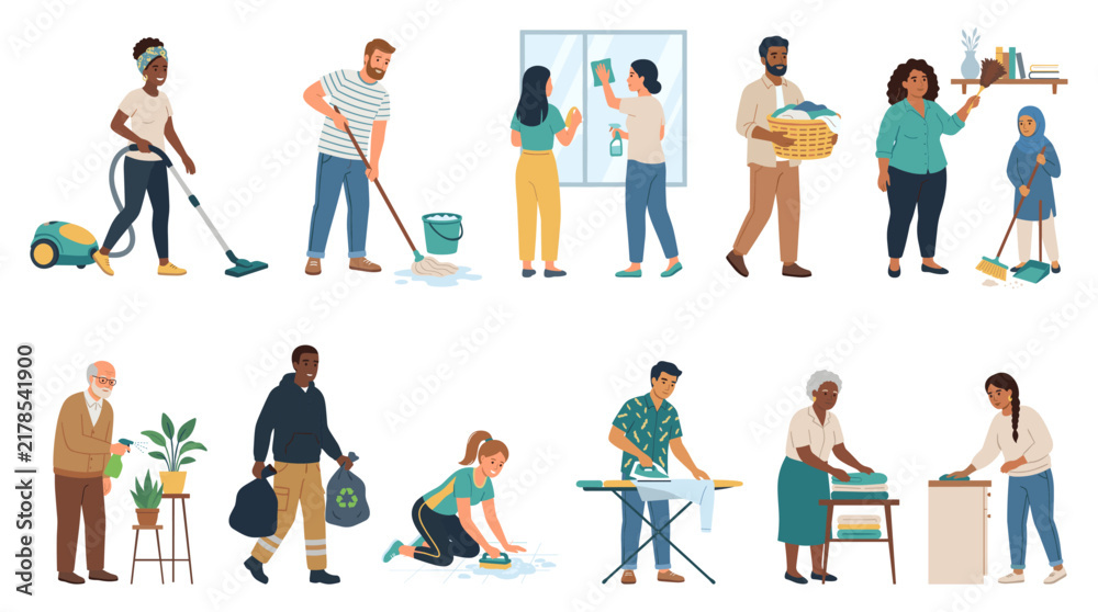 Fototapeta premium people doing housework and cleaning flat vector character set illustration