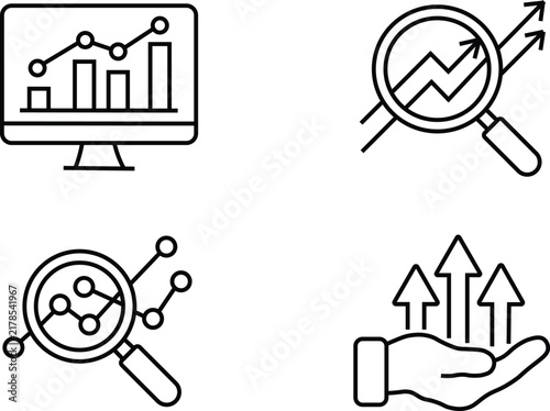 Business data analytics and growth tracking vector line icon collection