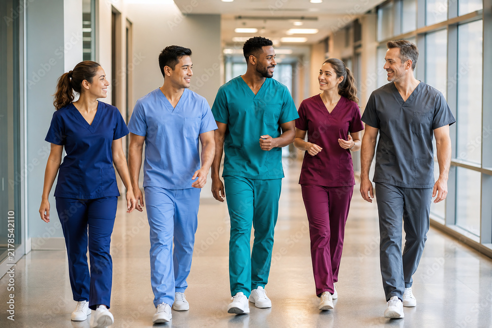 Obraz premium Group of diverse medical professionals in scrubs walking and talking in a modern hospital corridor. Concept of healthcare teamwork, communication, and collaboration in a clinic.