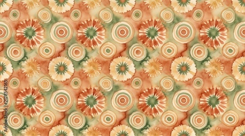 Seamless watercolor pattern with abstract floral circles and earthy motifs in warm terracotta, sage, and cream tones