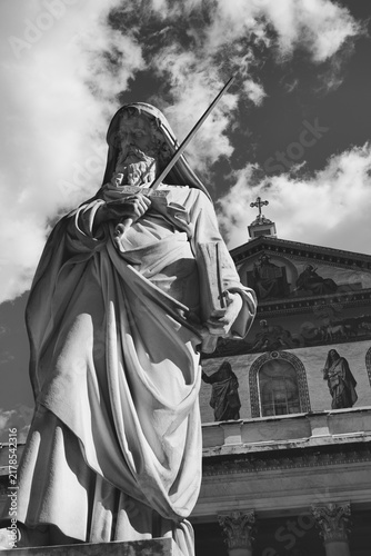 Black And White View Of Statue Of Saint Paul Outside The Walls In Rome