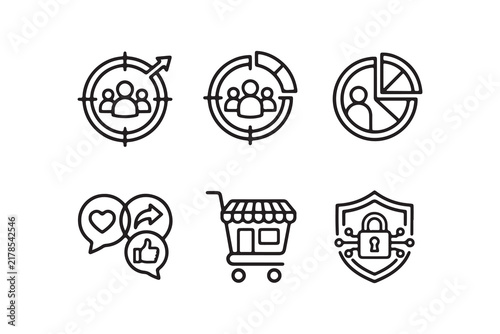 Business Marketing And E-Commerce Analytics Cybersecurity Social Media Target Audience And Customer Engagement Outline Icon Set