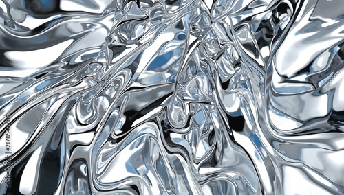 Abstract liquid metal surface with flowing chrome waves reflecting a bright sky and blue light