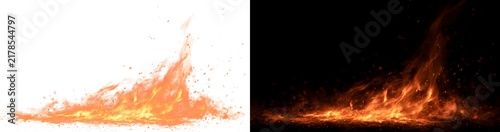 Fire burst with blazing flames, flying sparks and intense heat.