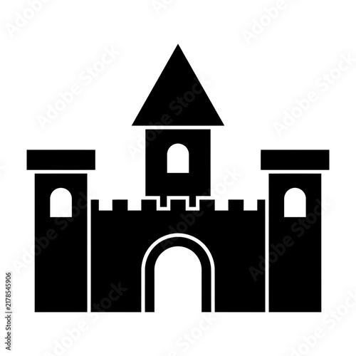 Photography Black silhouette of medieval castle with towers and gatehouse architecture