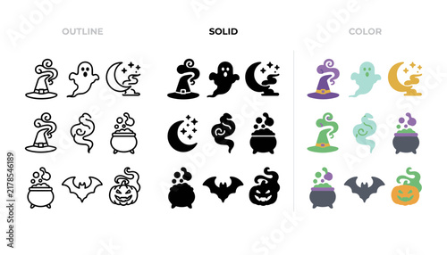 Set of halloween icons featuring witches hats, ghosts, moons, cauldrons, bats, and pumpkins in outline, solid, and color styles