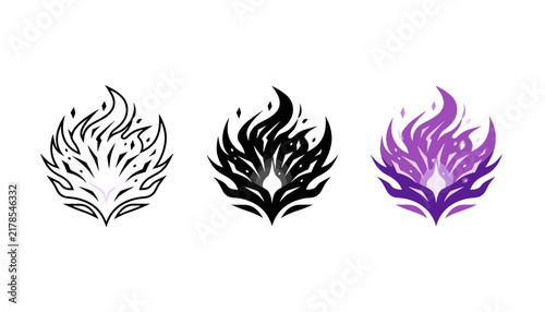 Set of three stylized flame icons in line art, solid black, and purple gradient styles
