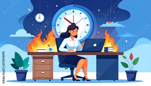 Businessman working with clock and productivity symbols.