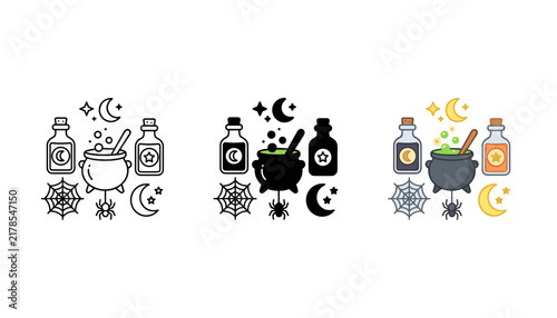 Set of three halloween witch potion and cauldron icons