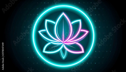 Abstract digital flower symbol glowing in neon blue.