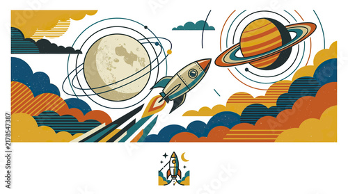 Retro rocket ship blasting off into colorful space clouds