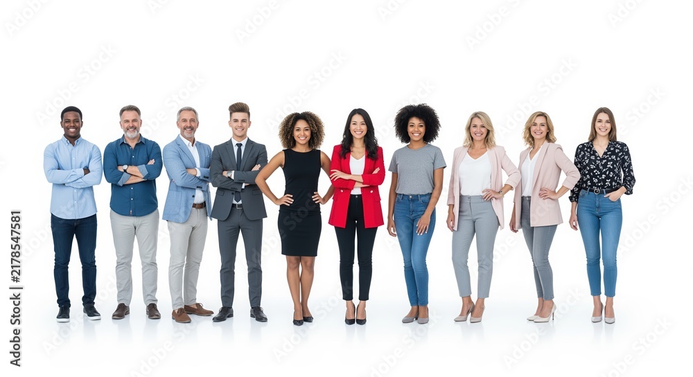 Obraz premium Ten professional men and women in business attire standing together against a white background. Ideal for corporate presentations, team websites, and business communications.