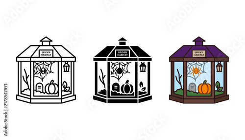 Three styles of a halloween spider habitat illustration