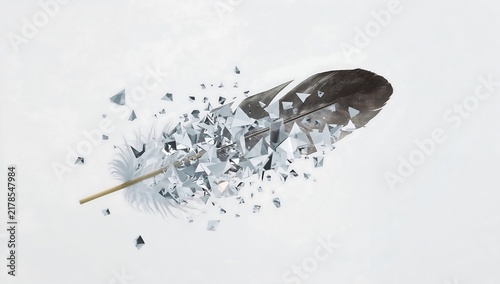 Single bird feather disintegrating into small geometric glass shards on a white background