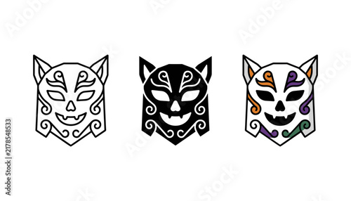 Set of three stylized cat masks with decorative patterns