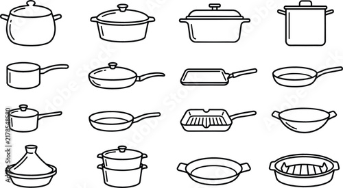 Bild auf Leinwand Kitchen cookware and pans line icon set with pots frying pan wok griddle pot lid