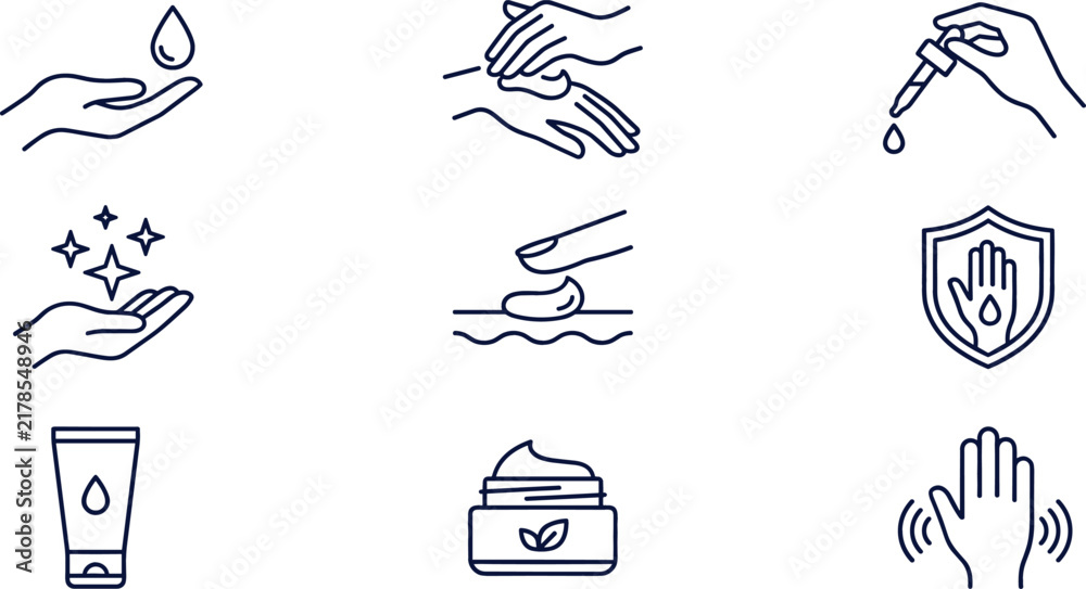 Obraz premium Skin Care and Hand Hygiene Line Icon Set Featuring Moisturizer Cream Application Dropper Serum Antibacterial Protection Shield and Cosmetic Tube Symbols