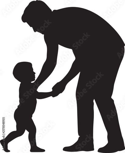 Father holding hands with toddler learning to walk vector silhouette