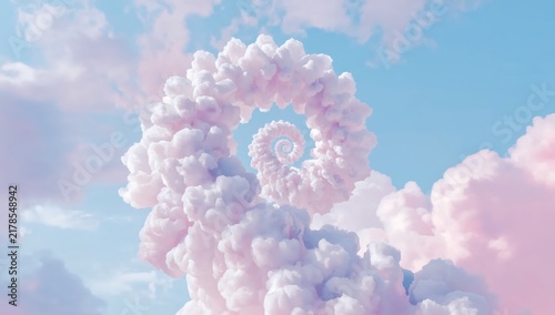 Surreal spiral formation of soft pink clouds set against a clear bright blue summer sky