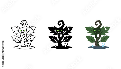Three stylized vampire plant icons in line art, silhouette, and color versions