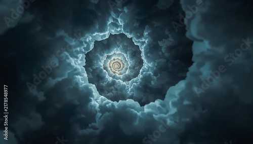 Surreal spiral tunnel formed by dark storm clouds leading into a bright glowing center point