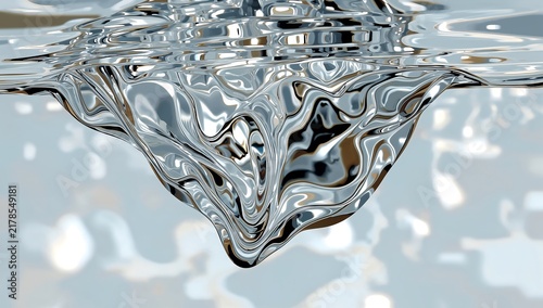 Swirling vortex of clear liquid creating a metallic reflection on the surface of the water