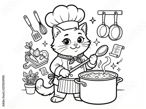Adorable cat chef wearing a hat and apron stirring a large pot in a kitchen coloring page.