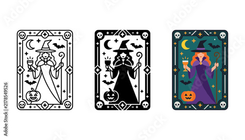 Three variations of a witch tarot card illustration