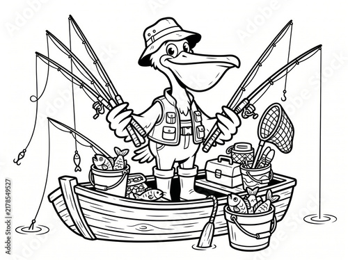 Cartoon pelican fisherman in boat with multiple rods and buckets of fish.