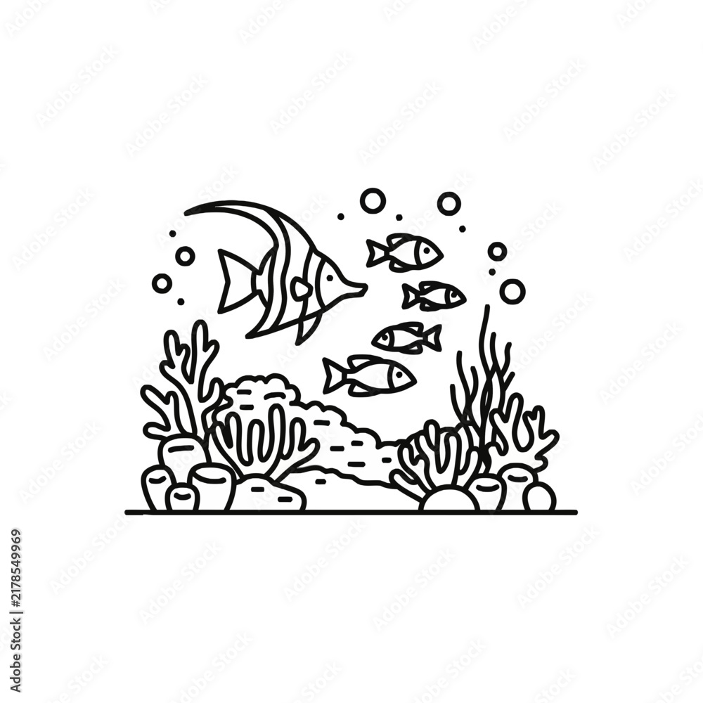 Fototapeta premium Underwater Coral Reef Scene with Tropical Fish Line Art