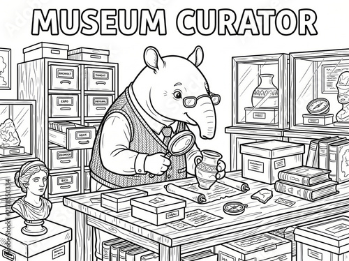 Tapir museum curator examining ancient artifacts in a detailed archive coloring page.