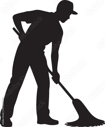 Professional cleaner mopping floor vector silhouette illustration