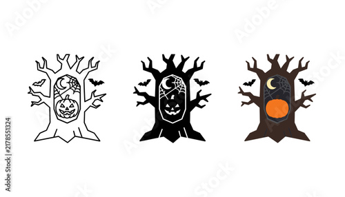 Three stylized halloween tree illustrations with jackolanterns, bats, and moons