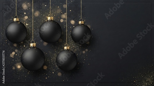Elegant matte black christmas baubles hanging against a dark background with golden festive confetti and sparkles