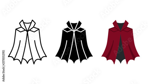 Set of three vampire capes in outline, solid black, and red styles