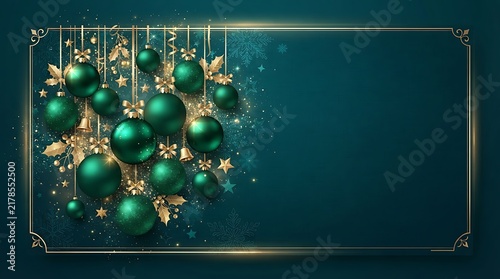 Elegant christmas background with hanging green ornaments and golden frame on a dark teal luxury backdrop